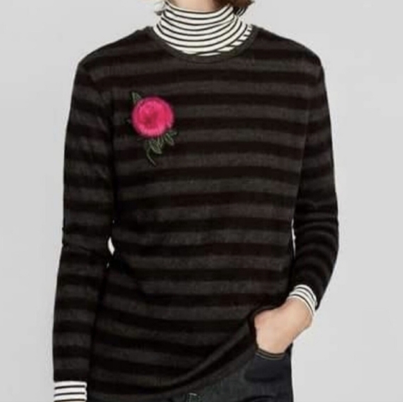 NWT Zara Black and Gray Striped Sweater With a Pink Flower Accent - Picture 2 of 6